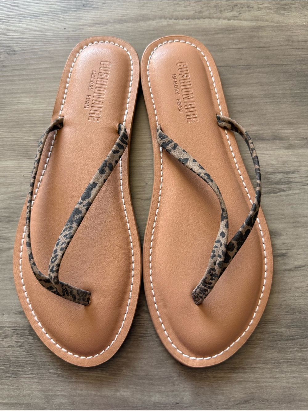 Cushionaire Tan Flip Flop Sandals with Leopard Straps